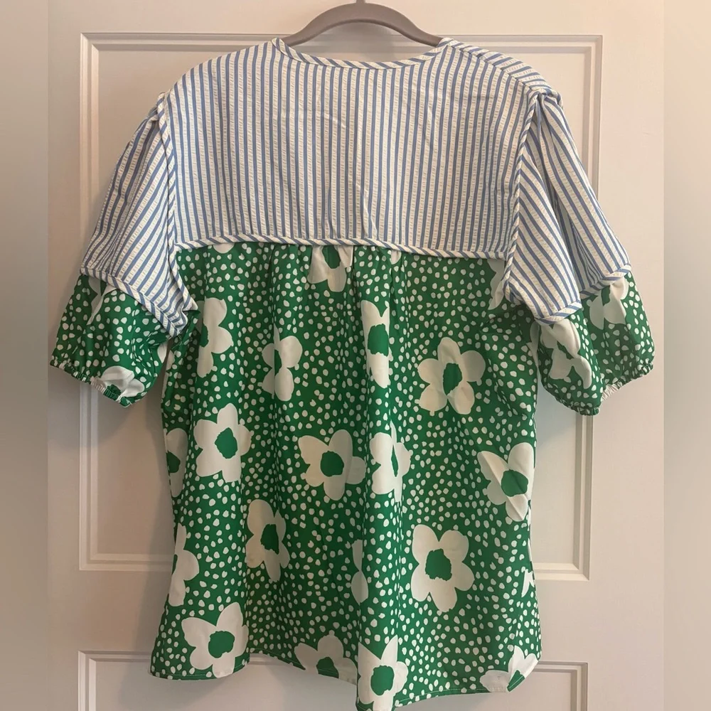 Striped‎ Blue and Green Floral Blouse